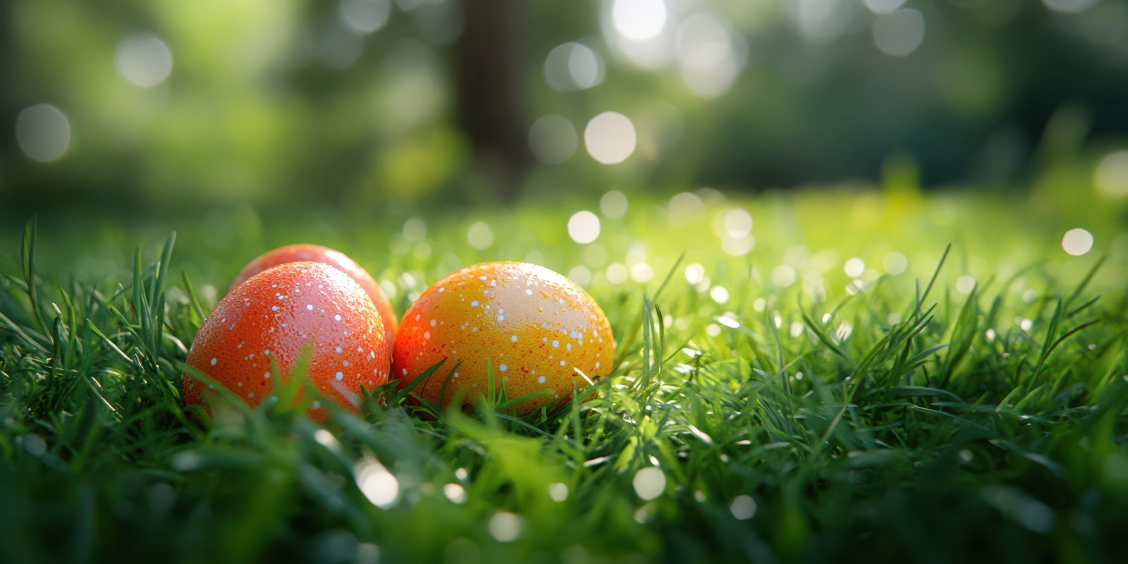 Colorful Easter eggs resting on fresh green grass in a sunny outdoor setting during springtime